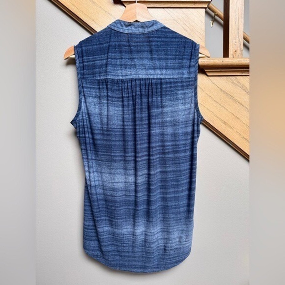Sleeveless Tunic Top Plaid Blue Babydoll Flowy Oversized Faux Denim Coastal LG - Picture 3 of 6